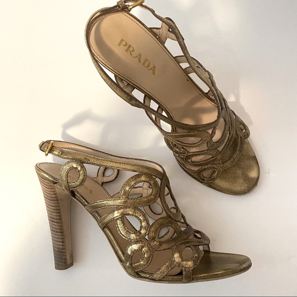 Prada Gold Cage Strap Dress Heels Size 39 - Picture 1 of 11